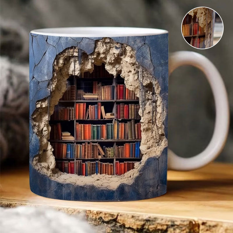 3D Bookshelf Coffee Mug Ceramic Set of 2 or 3