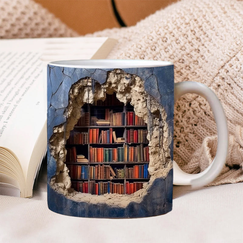 3D Bookshelf Coffee Mug Ceramic Set of 2 or 3