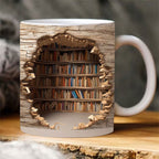 3D Bookshelf Coffee Mug Ceramic Set of 2 or 3