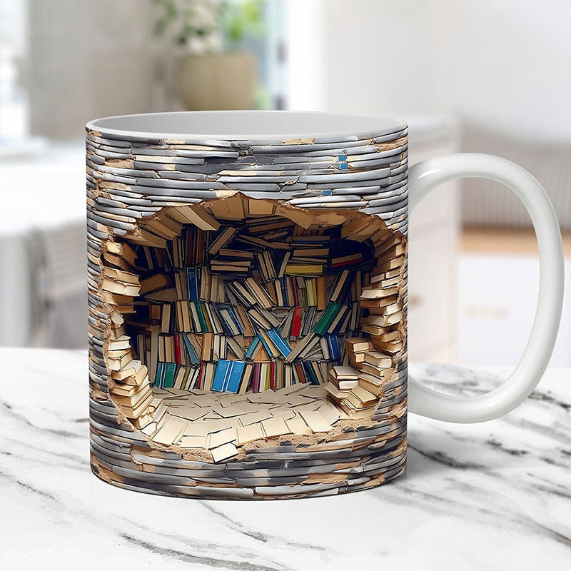 3D Bookshelf Coffee Mug Ceramic Set of 2 or 3
