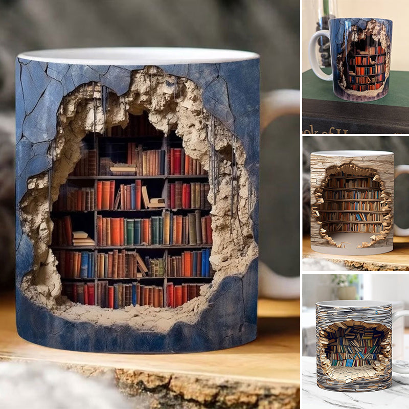 3D Bookshelf Coffee Mug Ceramic Set of 2 or 3