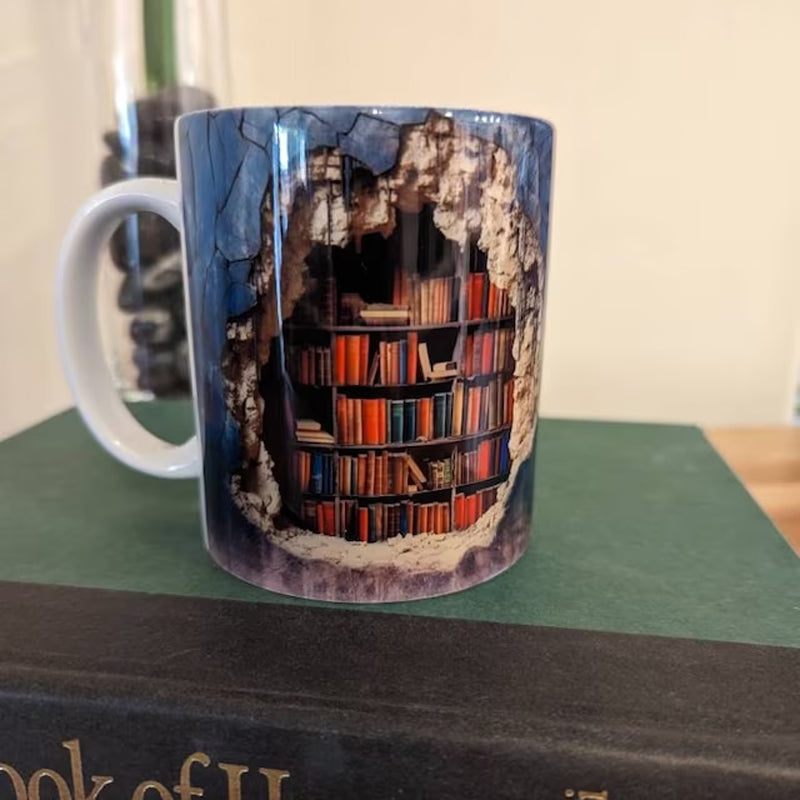 3D Bookshelf Coffee Mug Ceramic Set of 2 or 3