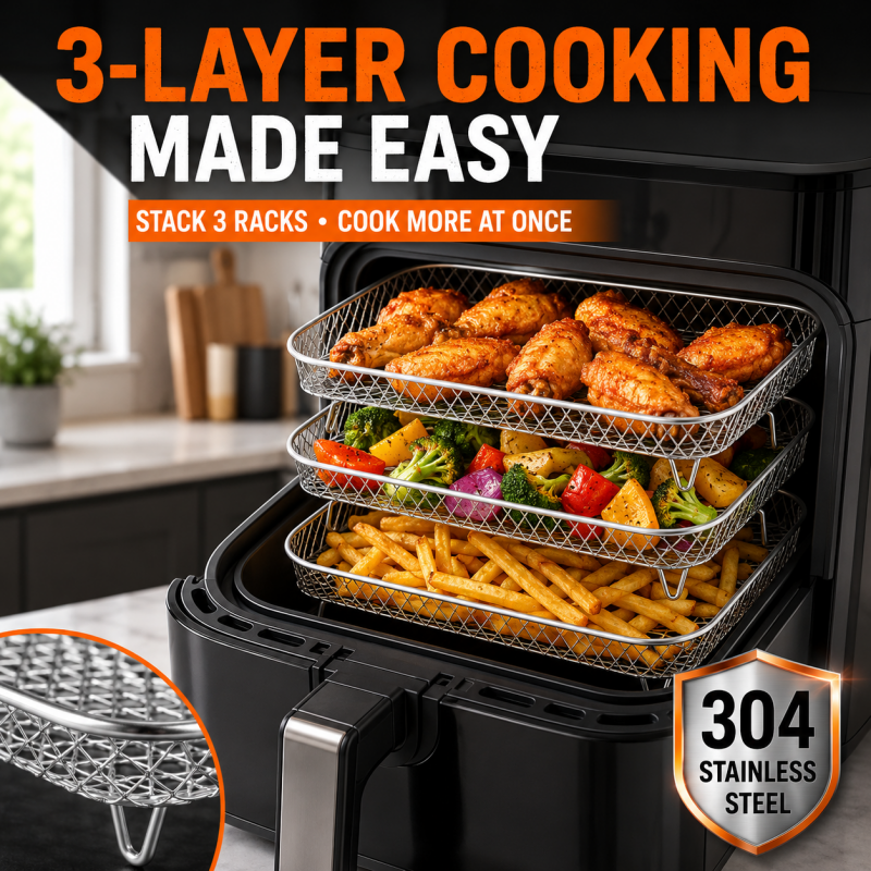 Air Fryer Rack Set of 3 Stackable Stainless Steel Rectangular