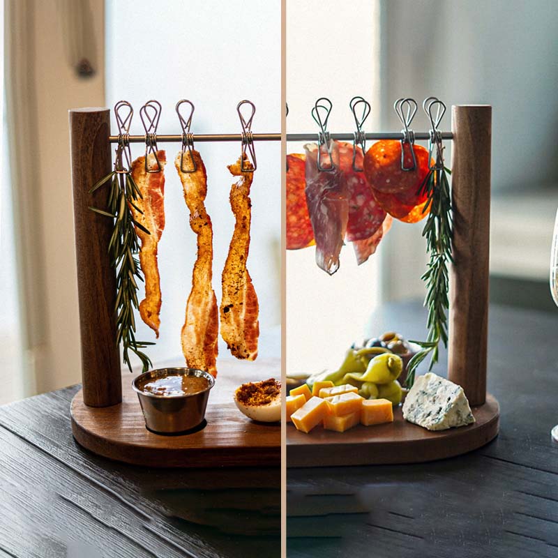 Charcuterie Hanging Rack with Wooden Base and 8 Clips