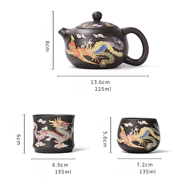 Clay Teapot with Dragon and Phoenix Cups 225 ml