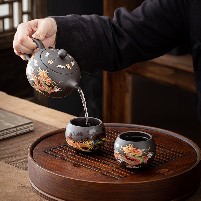 Clay Teapot with Dragon and Phoenix Cups 225 ml