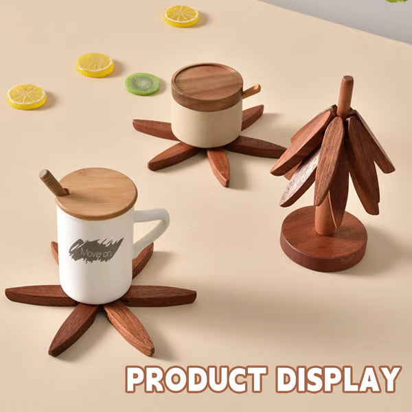 Folding Wooden Trivet Set with Tree Stand 8 Inch