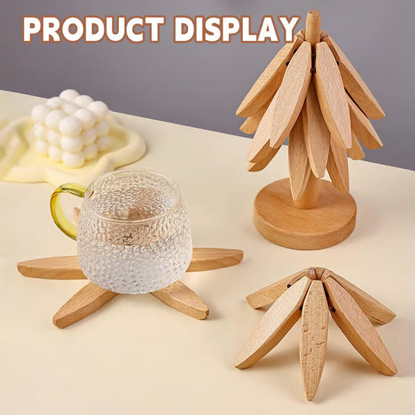 Folding Wooden Trivet Set with Tree Stand 8 Inch