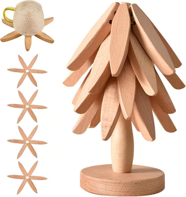 Folding Wooden Trivet Set with Tree Stand 8 Inch