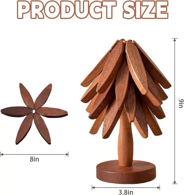 Folding Wooden Trivet Set with Tree Stand 8 Inch